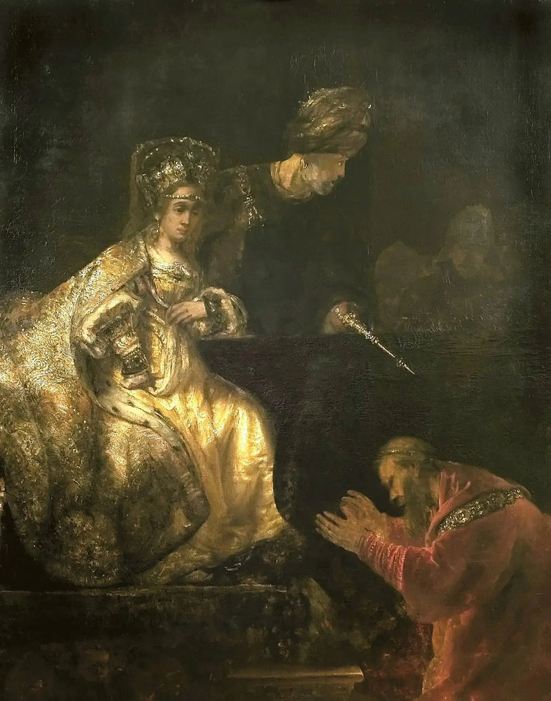 Haman, Esther'den hayatını kurtarmasını istiyor - Rembrandt
