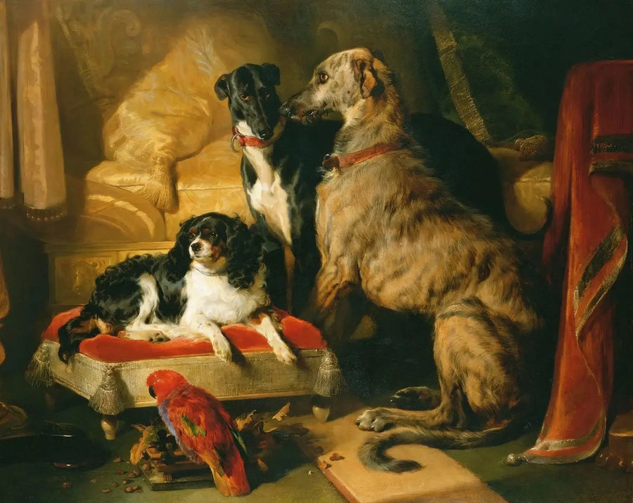 Hector, Néron ve Dash ile papağan, Lory - Edwin Henry Landseer