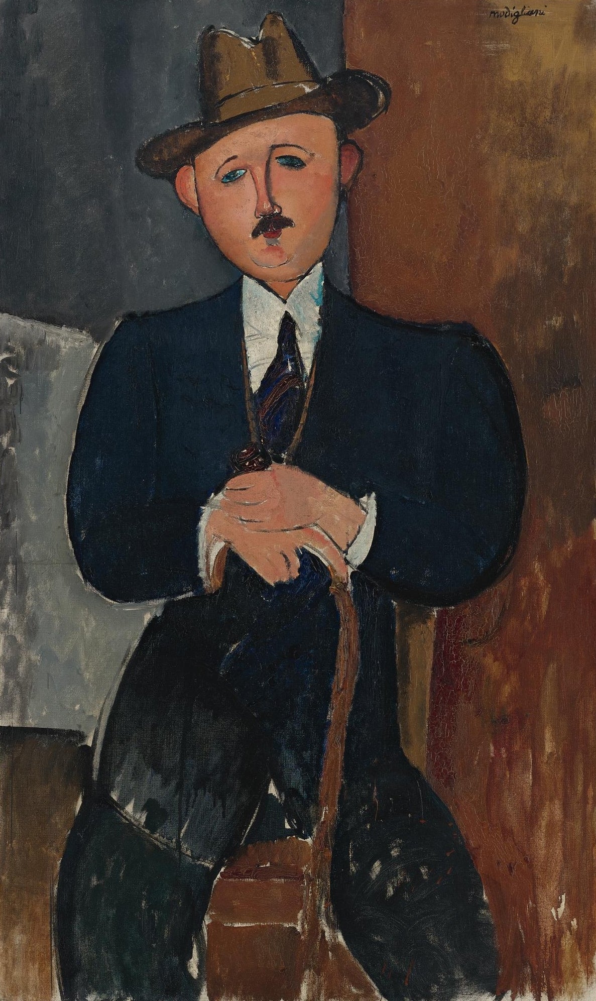 Reproduction du tableau « Homme assis (appuyé sur une canne) - Amedeo Modigliani » par Alpha Reproduction en peinture à l’huile