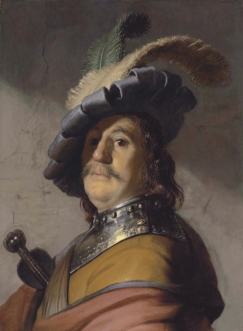 Tüy şapka ve gorgerin takan bir adamın büstü - Rembrandt