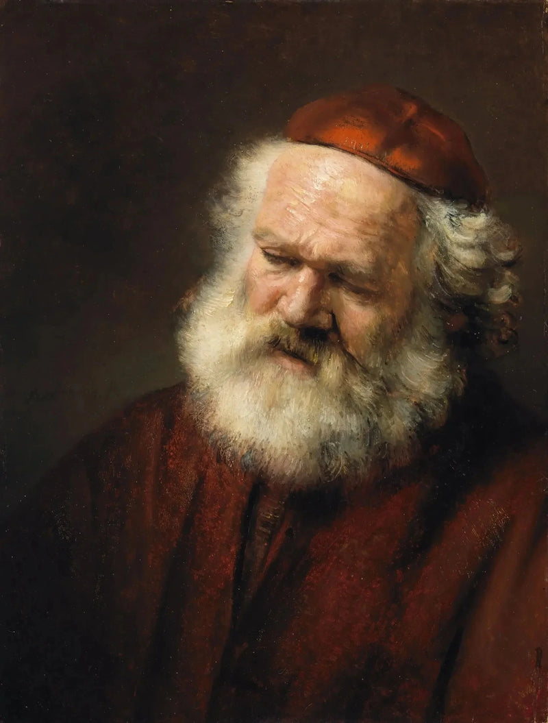 Kırmızı şapka takmış yaşlı bir adamın büstü - Rembrandt