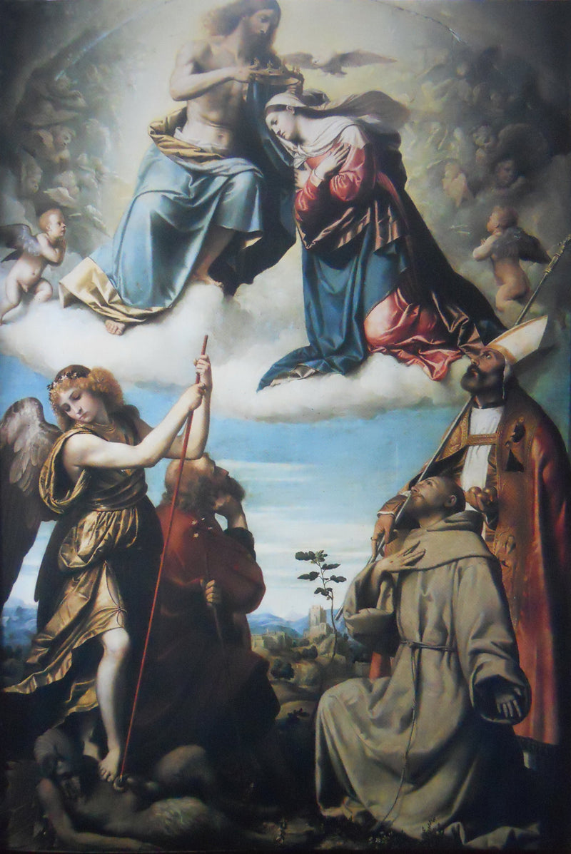 Meryem Ana'nın Taç Giydirilmesi ve Azizler Michele Arcangelo, Giuseppe, Francesco d'Assisi ve Nicola di Bari ile - Alessandro Bonvicino