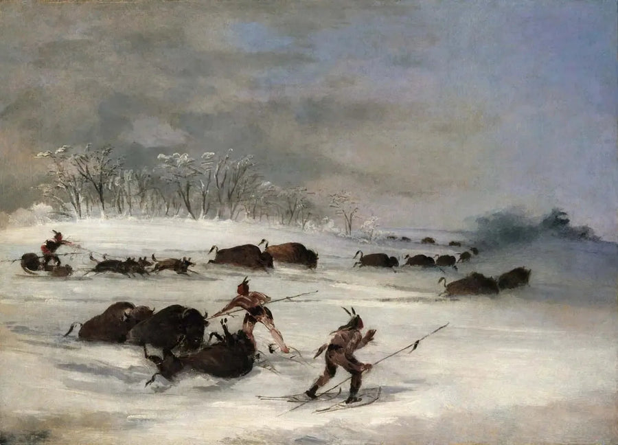 George Catlin - Kızakla Koşan Sioux Kızılderilileri ve Boğaları