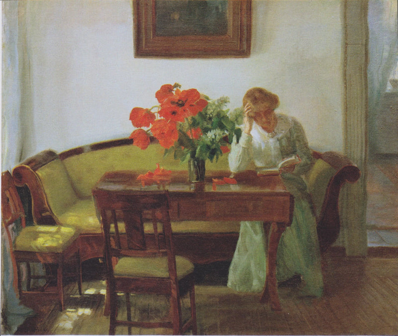 İç Mekan, Kırmızı Papatyalar ve Kitap Okuyan Bir Kadın (Lizzy Hohlenberg) - Anna Ancher