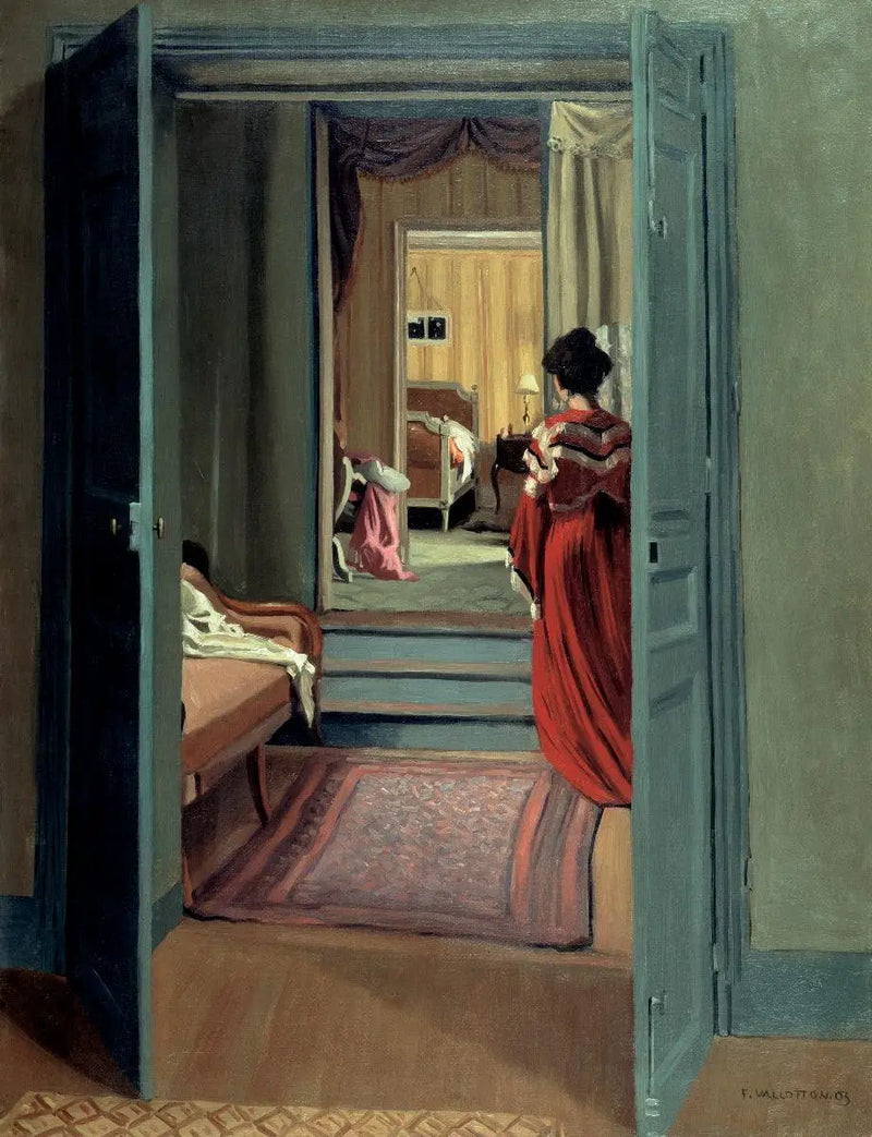 Kırmızı giymiş kadının arka planda iç mekanı - Félix Vallotton