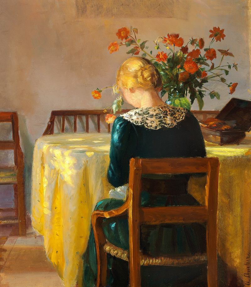İç Mekan Helga ile, ressamın kızı, dikiş yaparken - Anna Ancher