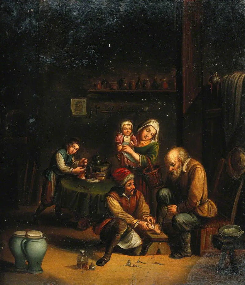 İç mekanda, bir cerrahın bir adamın ayağını tedavi ettiği ve üç başka karakterin olduğu sahne - David Teniers le Jeune