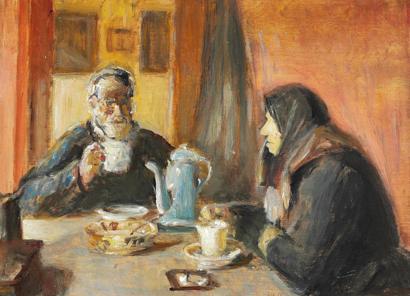 Yaşlı bir çiftin kahve içtiği iç mekan - Michael Peter Ancher