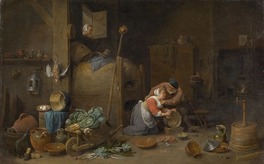 İç Mekan, Temizlikçi Bir Kadını Kucaklayan Yaşlı Adam - David Teniers le Jeune