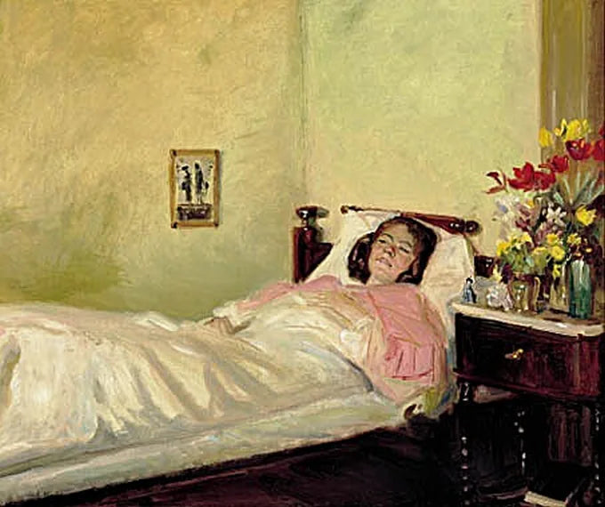 Yatakta uzanmış genç bir kadın iç mekanı - Michael Peter Ancher