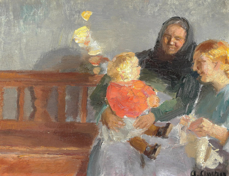 Güneş ışığıyla dolu iç mekan, üç nesil ile. - Anna Ancher