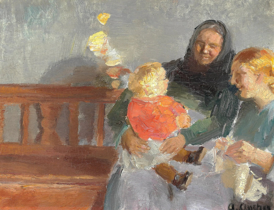 Güneş ışığıyla dolu iç mekan, üç nesil ile. - Anna Ancher