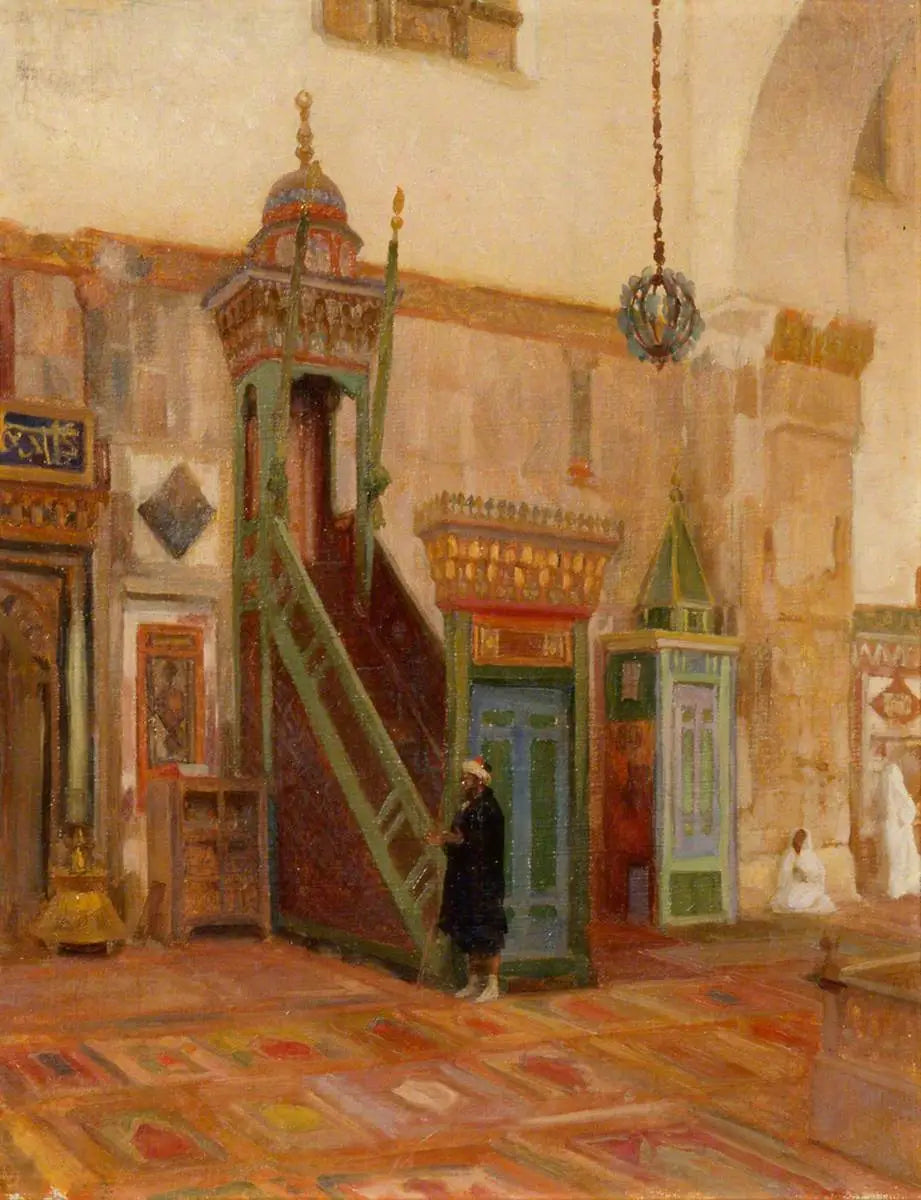 Intérieur d'une mosquée ou le Mimbar de la Grande Mosquée de Damas - Frederic Leighton image 1 copie peinte à la main à l’huile