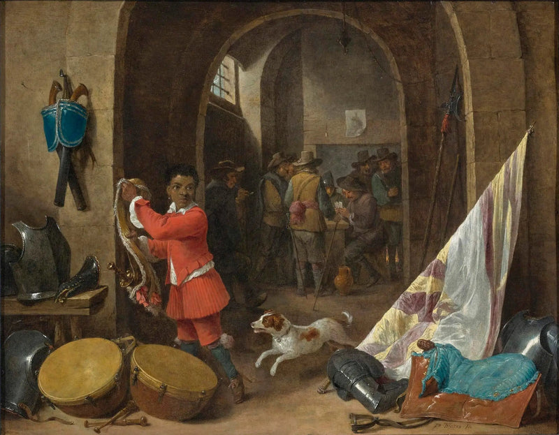 Bir nöbet odasının içi, yanında siyah bir hizmetkar ve bir tabak, bir bayrak, davullar ve zırhlar içeren bir natürmort; arka planda kart oynayan askerler - David Teniers le Jeune
