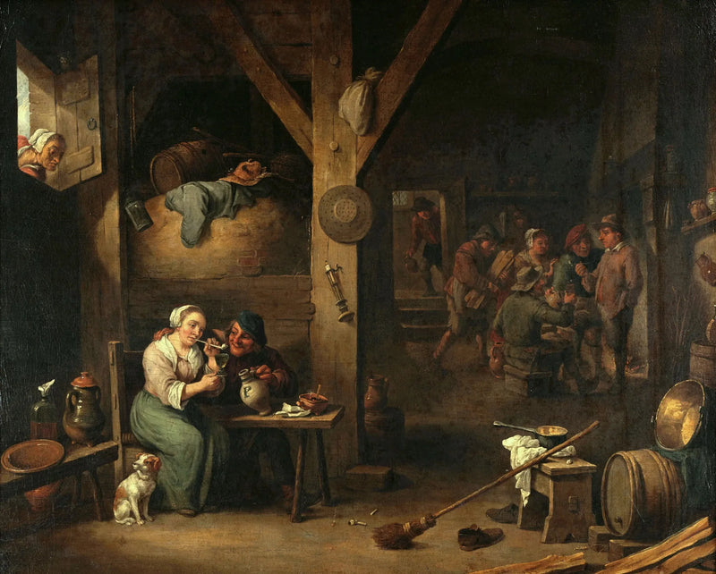 Bir kadın sigara içerken ve ona bir bardak ikram eden bir adamın, yaşlı bir kadının gözetiminde, bir meyhane içi - David Teniers le Jeune