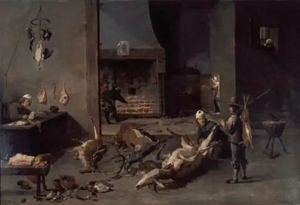 Avlu mutfakta avcı şeflerin av hayvanı hazırlaması - David Teniers le Jeune