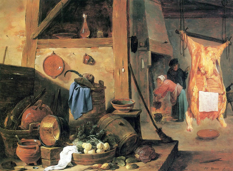 Mutfak içi natürmort ve kesilmiş sığır - David Teniers genç