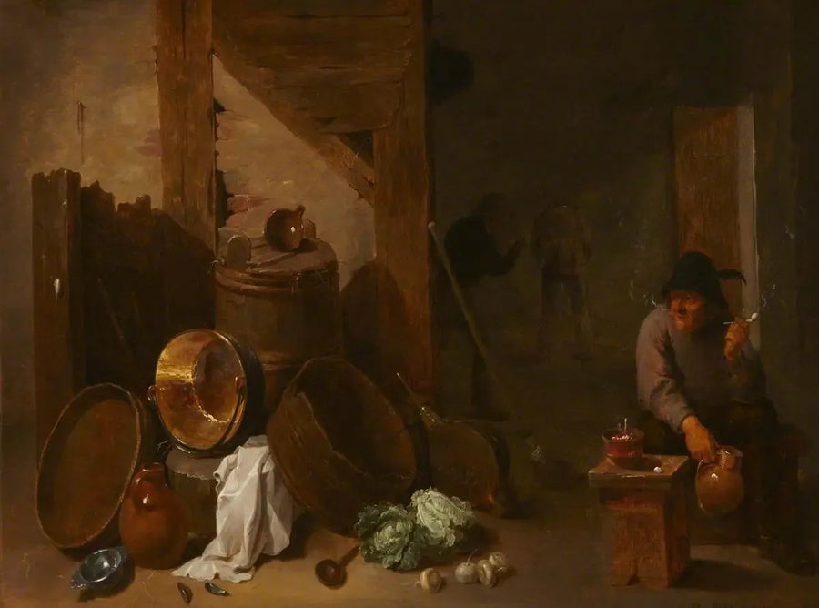 Mutfak içi Toper ve uzakta diğer köylülerle - David Teniers genç
