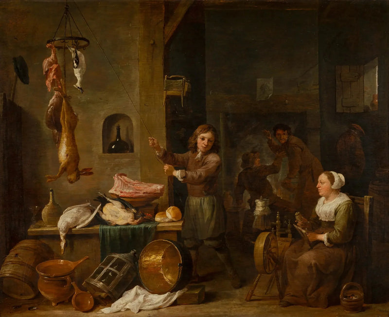 Mutfak içi, bir çocuk ve bir kadın, oyun masasıyla - David Teniers le Jeune