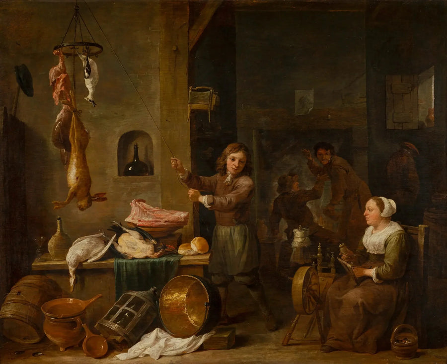 Mutfak içi, bir çocuk ve bir kadın, oyun masasıyla - David Teniers le Jeune