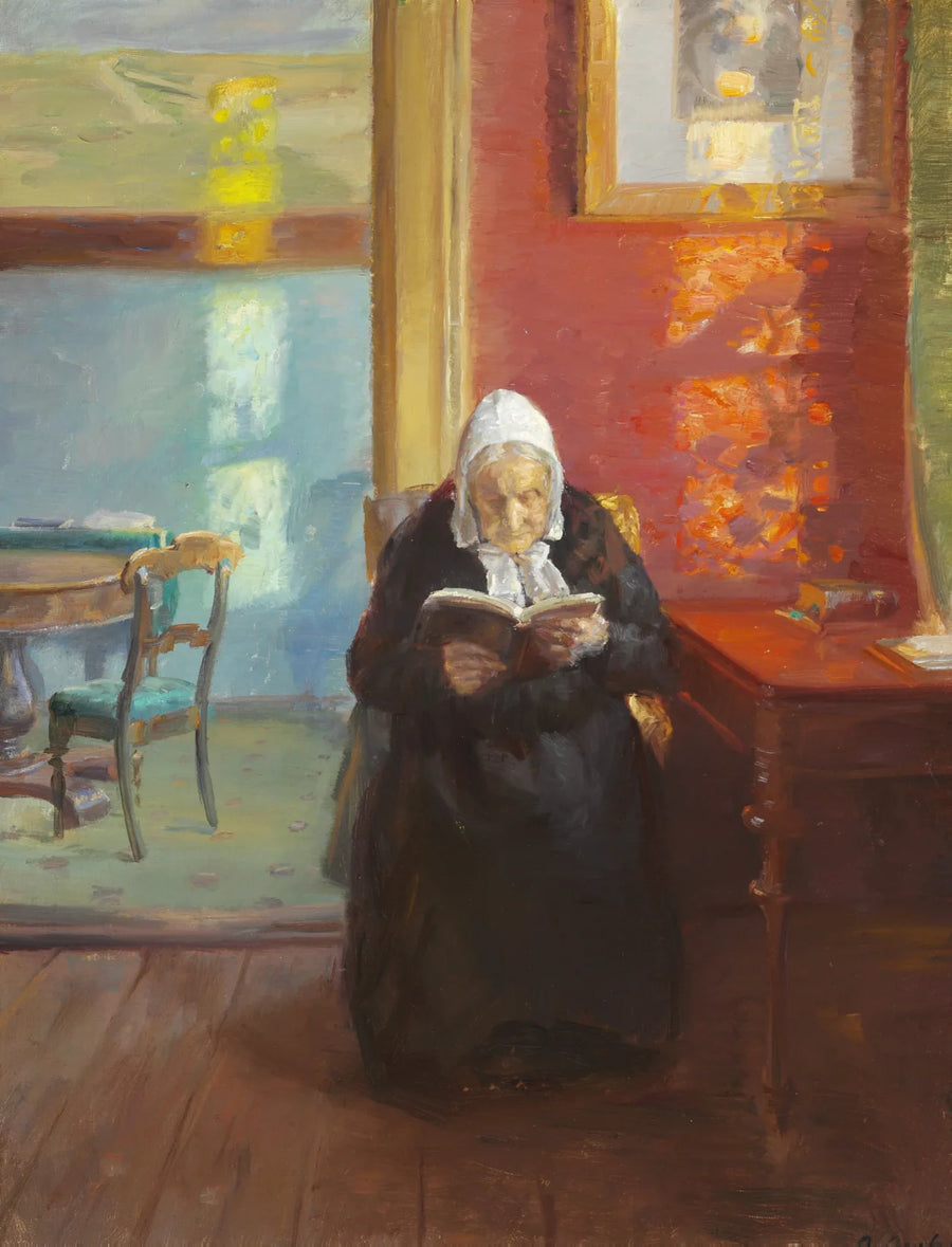 Sanatçının annesi Ane Brøndum ile kırmızı odanın içi, okurken - Anna Ancher