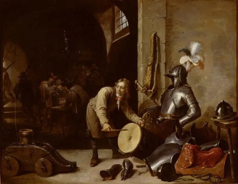 Genç bir adamın davul tuttuğu nöbet odası içi - David Teniers le Jeune