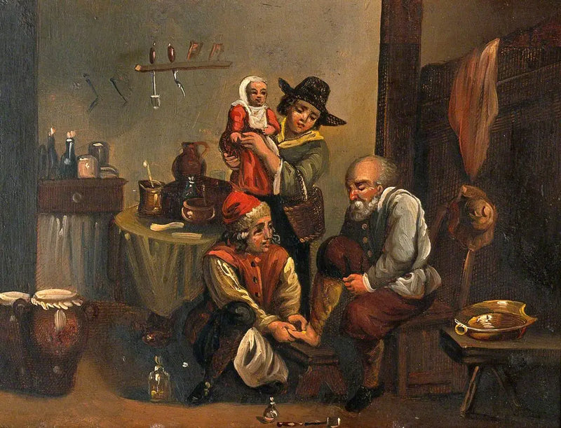 Bir doktor odası içi, bir cerrahın bir adamın ayağını tedavi ettiği ve bir kadın ile çocuğun izlediği - David Teniers le Jeune