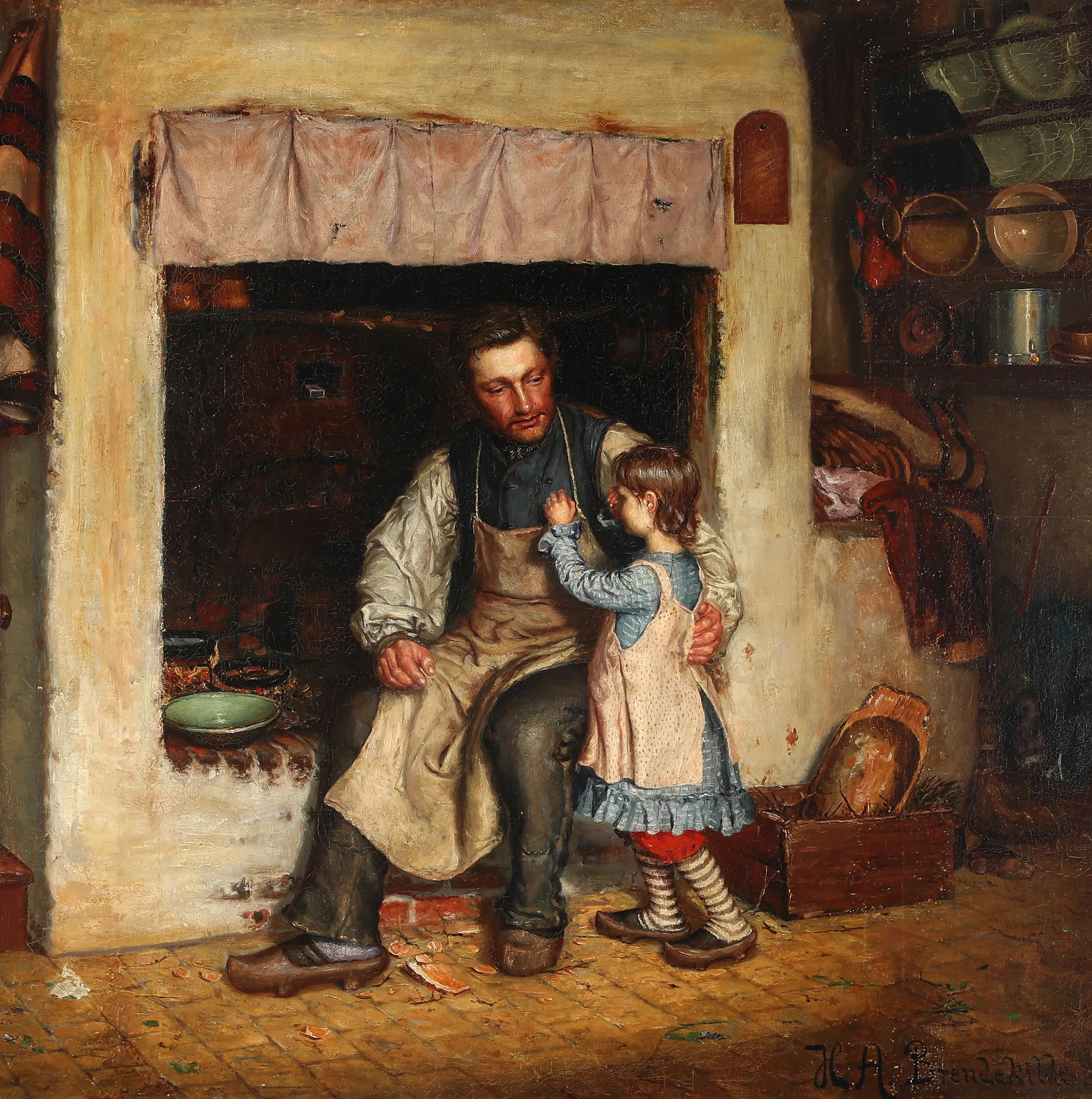Intérieur d’une cuisine avec une petite fille et un homme. - H. A. Brendekilde - Alpha Reproduction