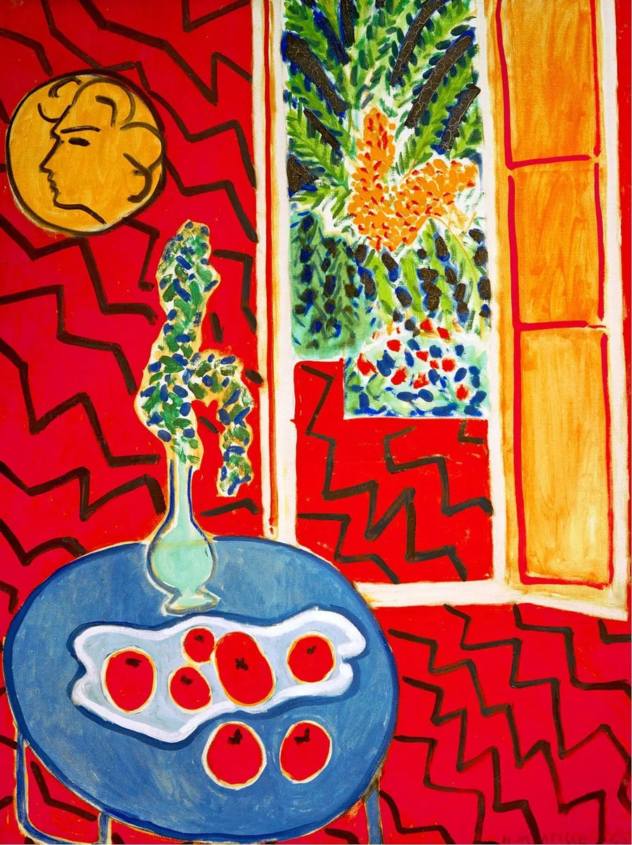 Kırmızı iç mekan, mavi masa üzerindeki natürmort - Henri Matisse