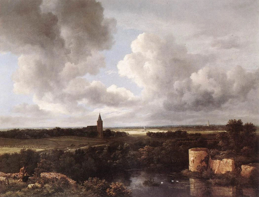 Vaste paysage avec château en ruine et église de village - Jacob van Ruisdael