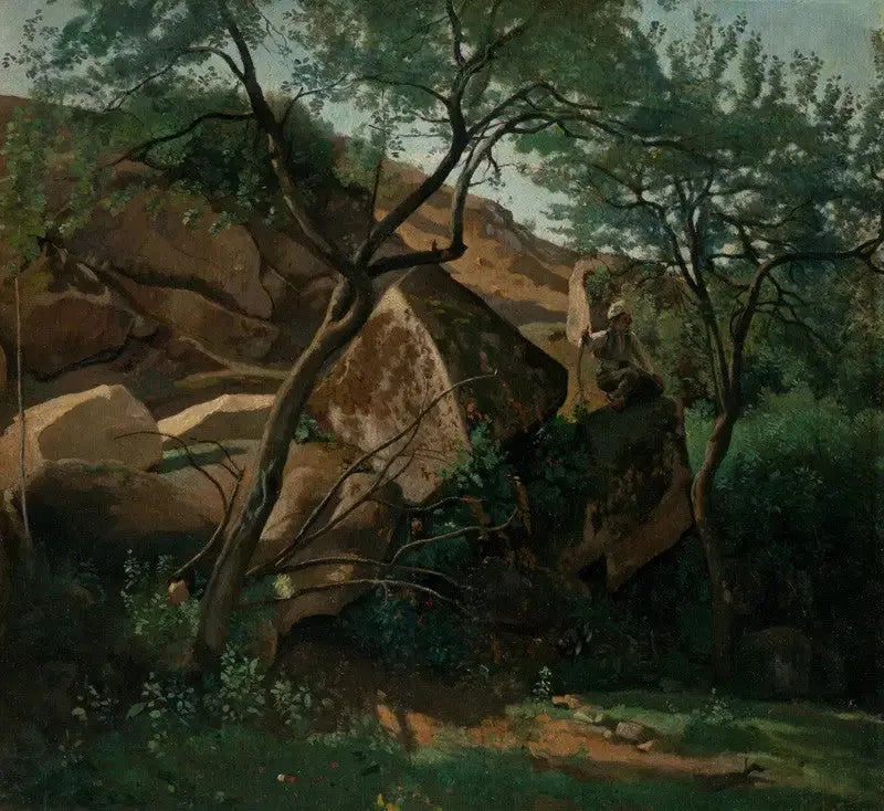 Genç çoban kayalıklar arasında (Fontainebleau Ormanı) - Jean-Baptiste Camille Corot