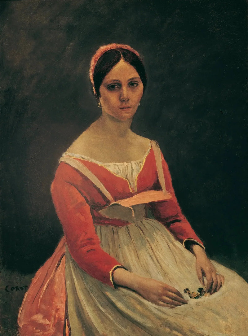 Genç kadın oturuyor, ellerinde çiçekler - Jean-Baptiste Camille Corot