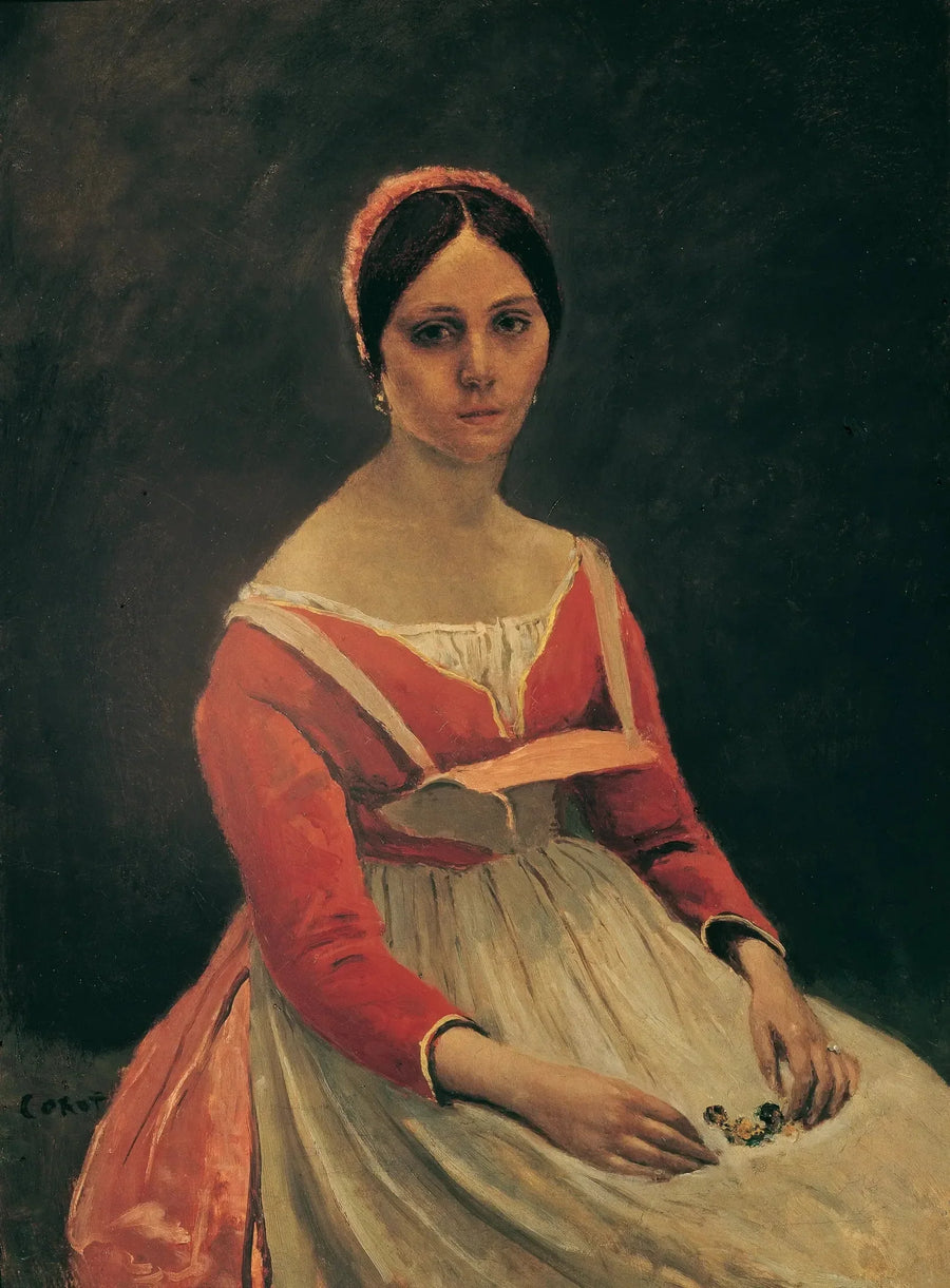 Genç kadın oturuyor, ellerinde çiçekler - Jean-Baptiste Camille Corot