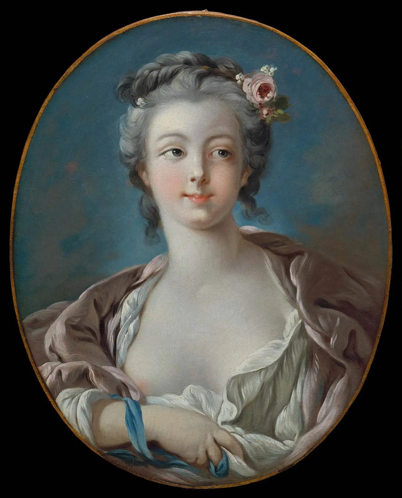 Genç kadın, saçlarında çiçekler, yanlışlıkla denilen Madame Boucher portresi - François Boucher