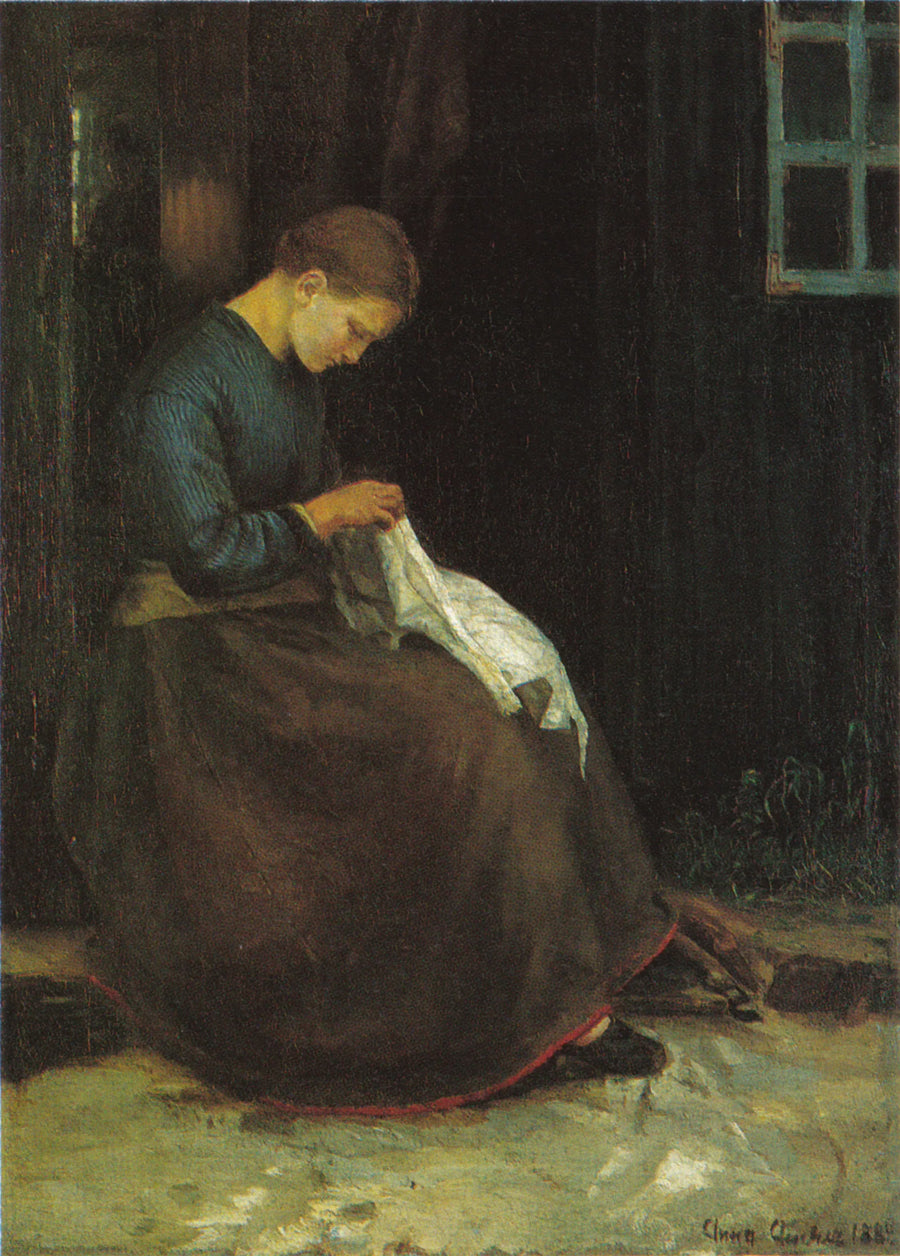 Genç kadın, bir evin kapısında dikiş işiyle uğraşıyor - Anna Ancher
