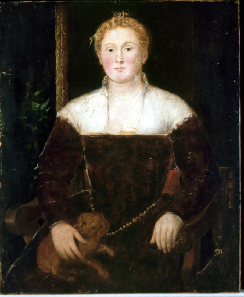Genç kadın ve küçük bir köpek, belki de Soranzo ailesinden bir üye - Jacopo Tintoretto