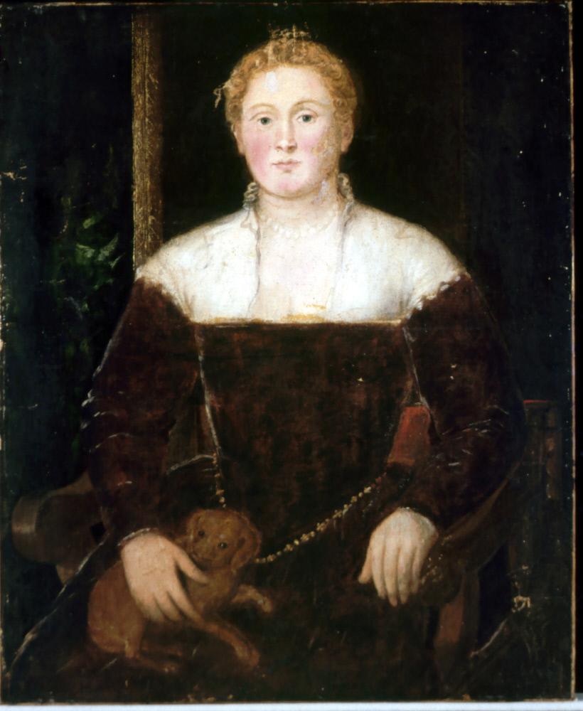 Genç kadın ve küçük bir köpek, belki de Soranzo ailesinden bir üye - Jacopo Tintoretto
