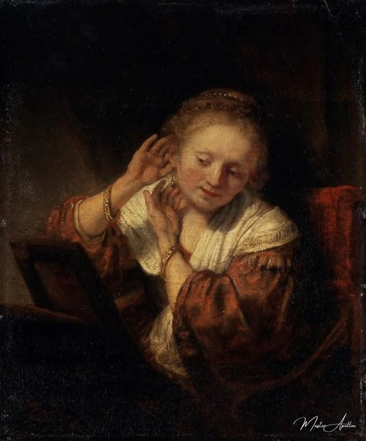 Jeune femme essayant des boucles d'oreilles - Rembrandt van Rijn - Reproductions de tableaux et peintures haut de gamme