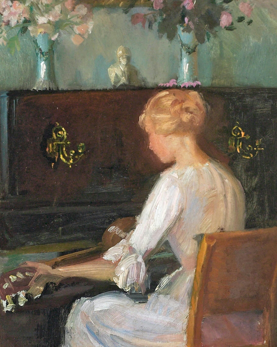 Genç kadın piyano önünde gitar çalarken - Anna Ancher