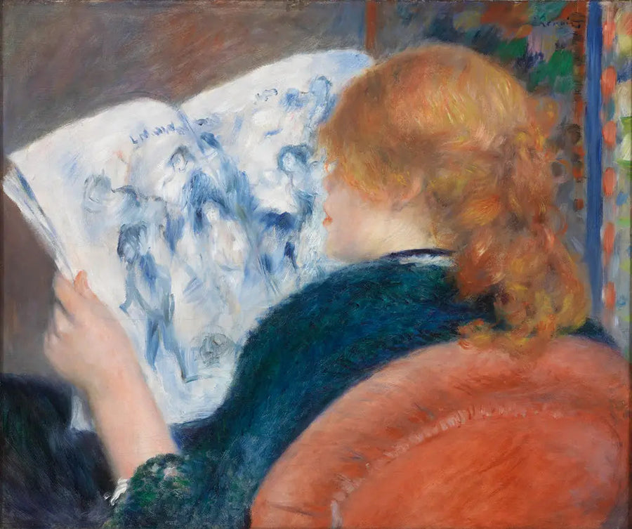 Bir genç kadın illüstrasyonlu bir dergi okuyor - Pierre-Auguste Renoir