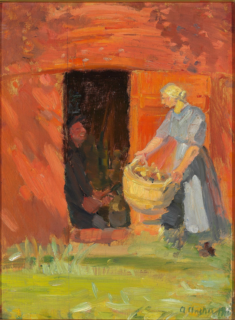 Genç kadın, Skagen'de kırmızı bir evin önünde iç çamaşırını giyiyor. - Anna Ancher