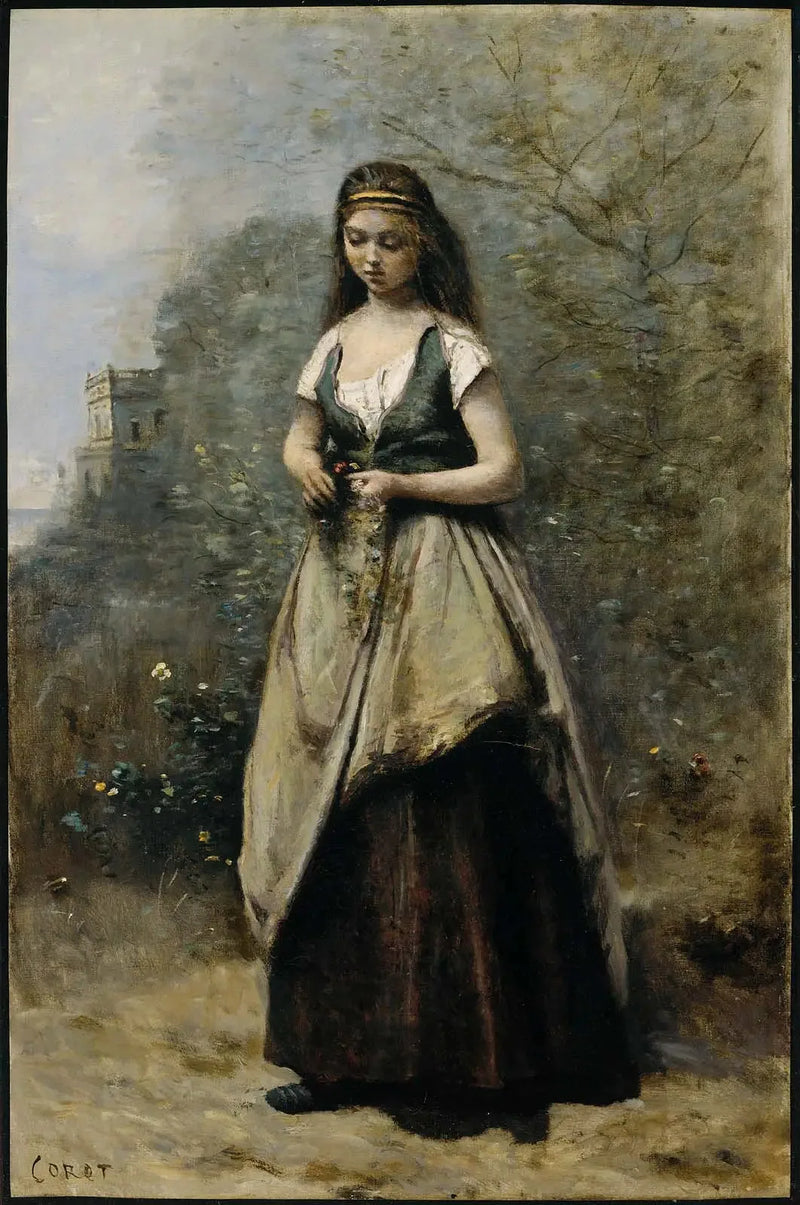 Genç kadın çiçeklerden taç örüyor - Jean-Baptiste Camille Corot