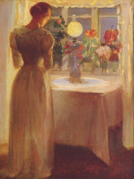 Genç kız açık bir lambanın önünde - Anna Ancher