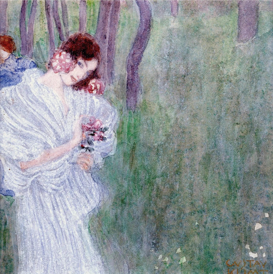 Beyaz elbise giymiş genç kız bir ormanda - Gustav Klimt
