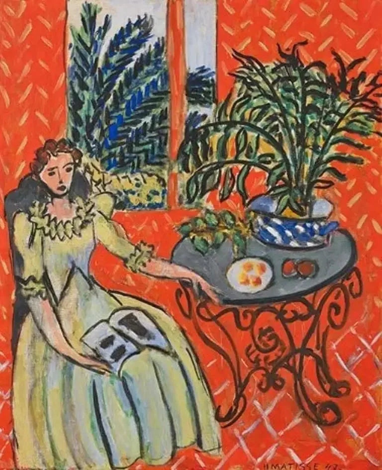 Kırmızı bir iç mekanda yeşil elbiseli genç kız - Henri Matisse