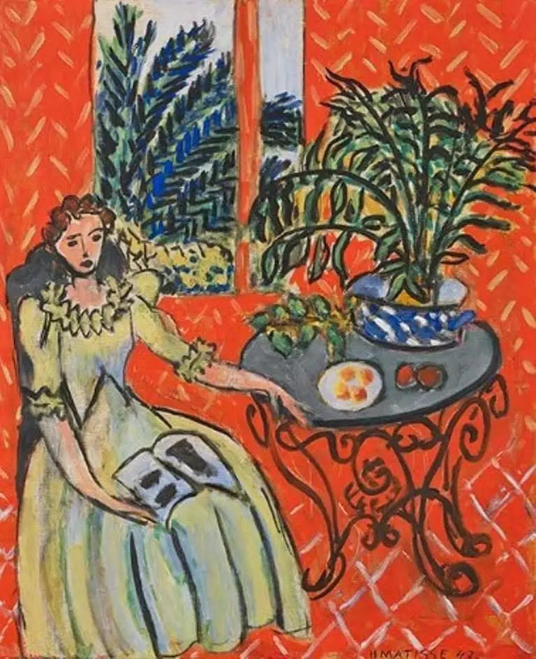 Kırmızı bir iç mekanda yeşil elbiseli genç kız - Henri Matisse