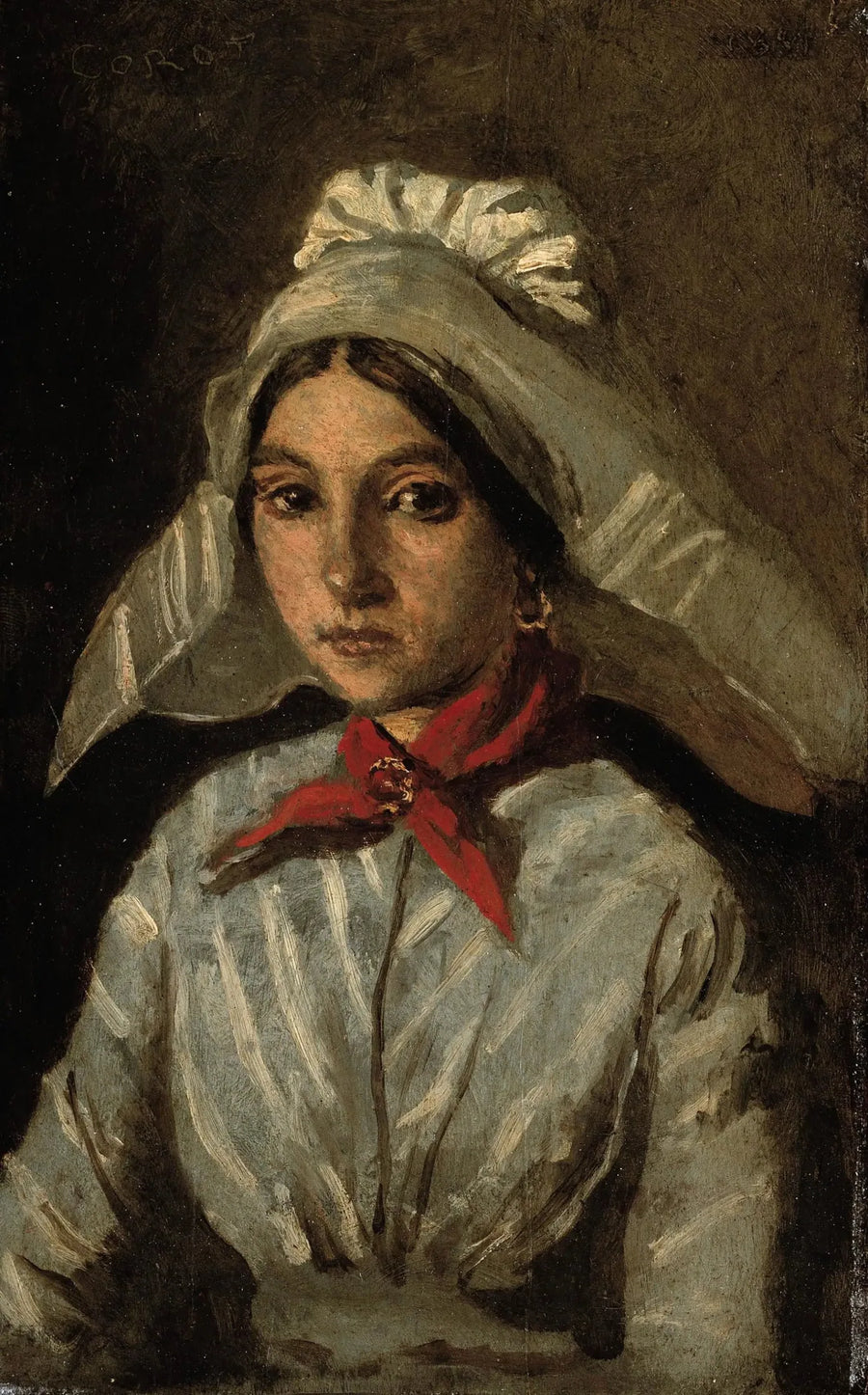 Genç kız başında büyük bir başlık takmış - Jean-Baptiste Camille Corot