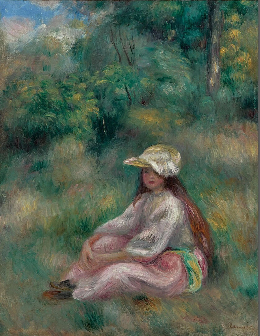 Pembe elbiseli genç kız bir manzarada - Pierre-Auguste Renoir
