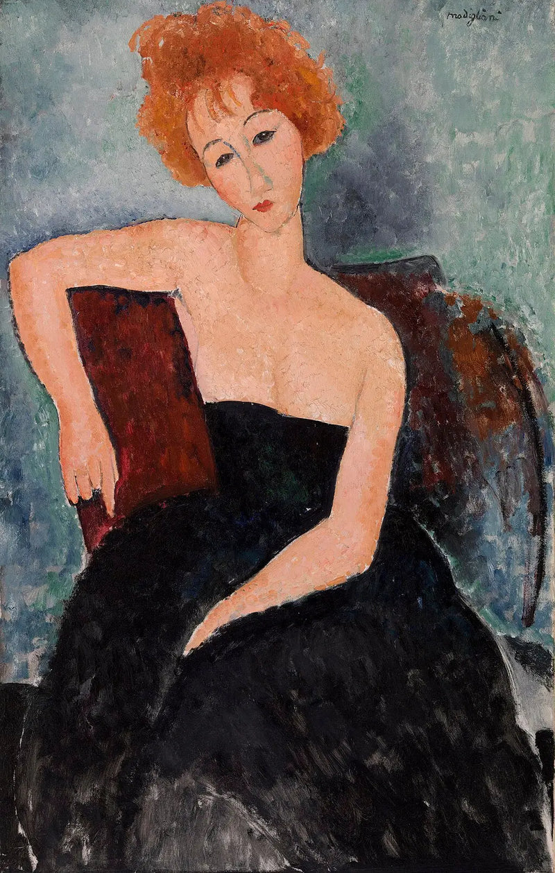 Akşam elbisesi giymiş kızıl genç kız - Amedeo Modigliani