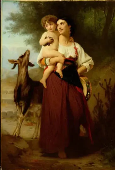 Kırsal kıyafet giymiş genç anne, çocuğu ve bir keçi - Bouguereau